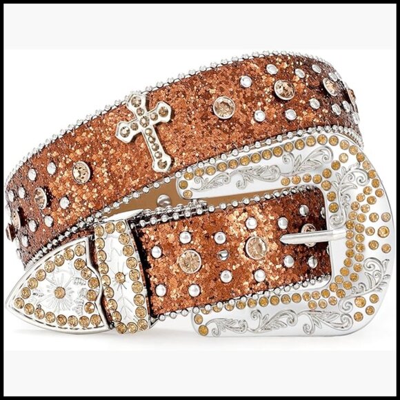 Sparkly Rhinestone Diamond Sequin Studded Faux Leather Belt